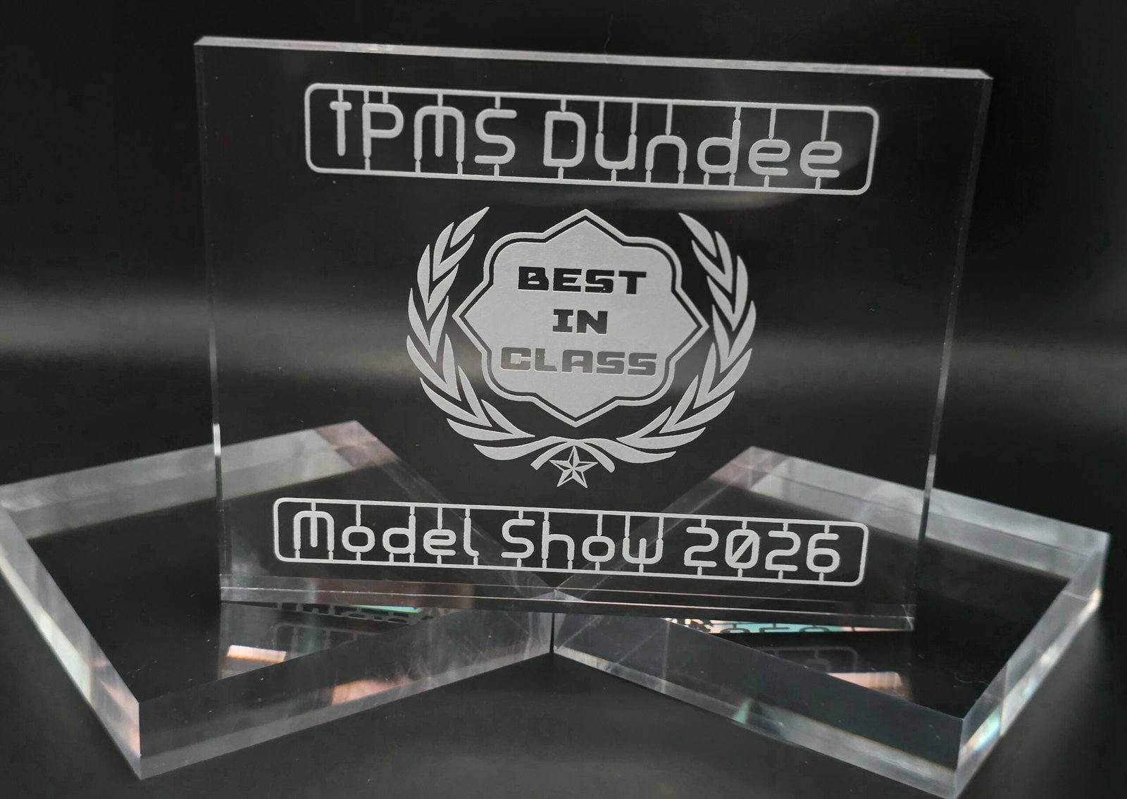 Custom laser cut and engraved acrylic awards made for IPMS Dundee